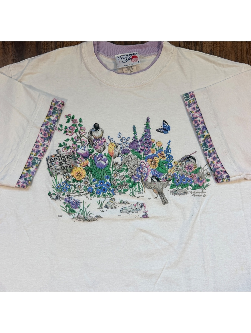 Vintage 90s Morning Sun Artists At Work Floral Graphic Tee XL White Bird Shirt